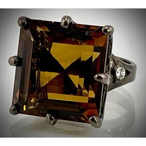 26 ct Orange Quartz Openwork Sterling Ring  with Black Rhodium